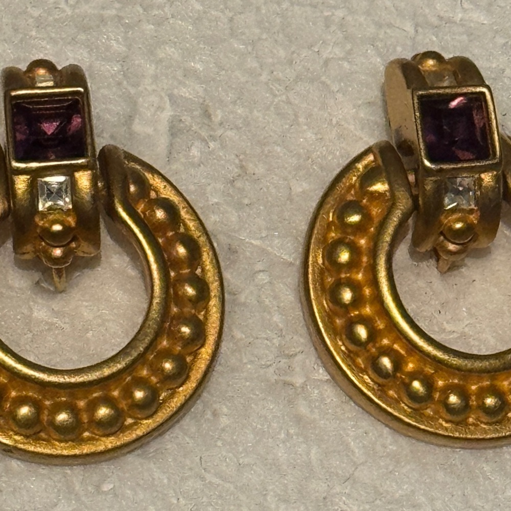 Vintage Givenchy Matte Gold Tone and Purple Door-Knocker Earrings